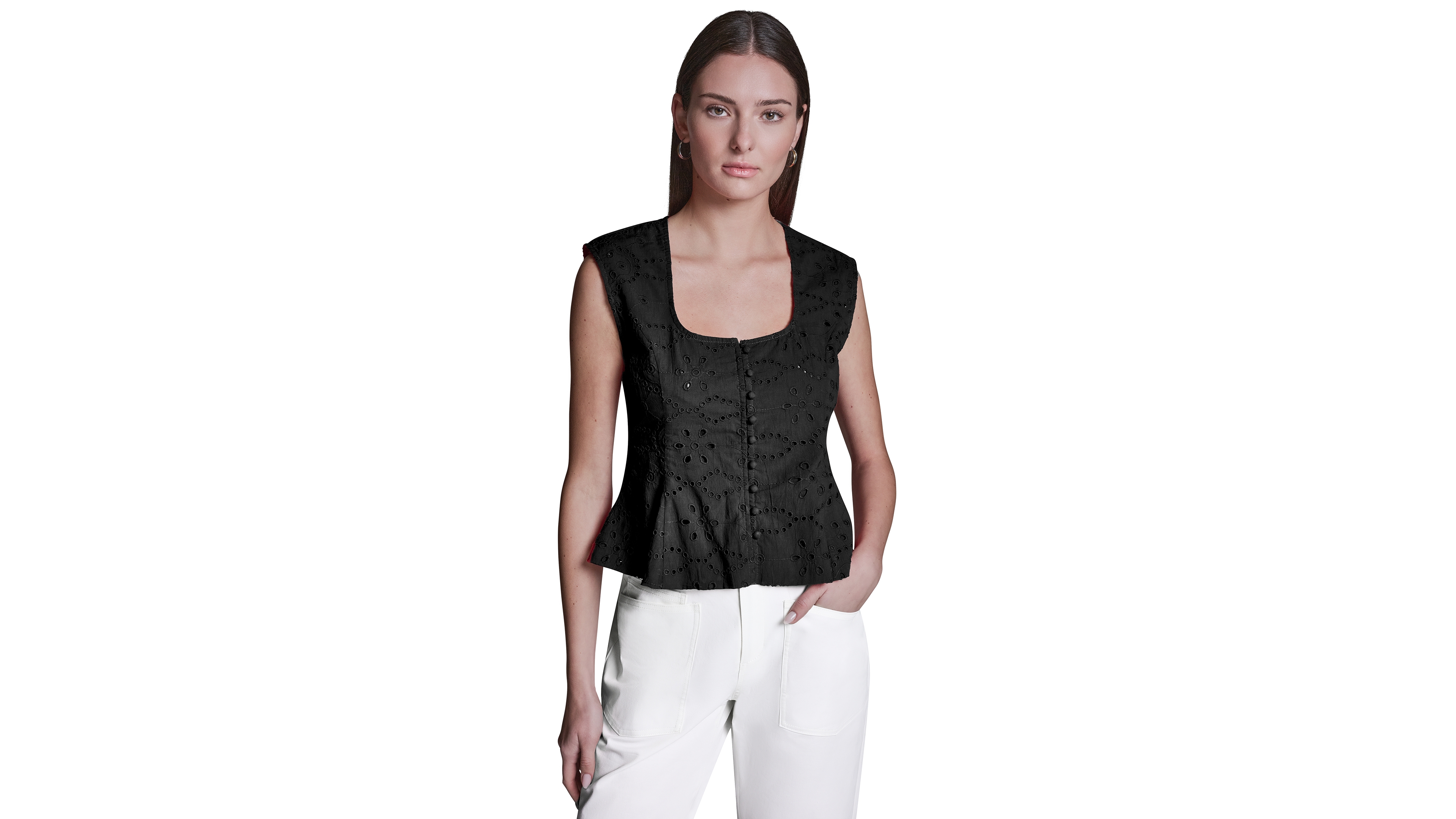 Bcbg Women's Eyelet Detail Sleeveless Square Neck Peplum Top