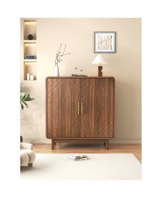 Walnut-Finish Carved Storage Cabinet with Adjustable Shelves