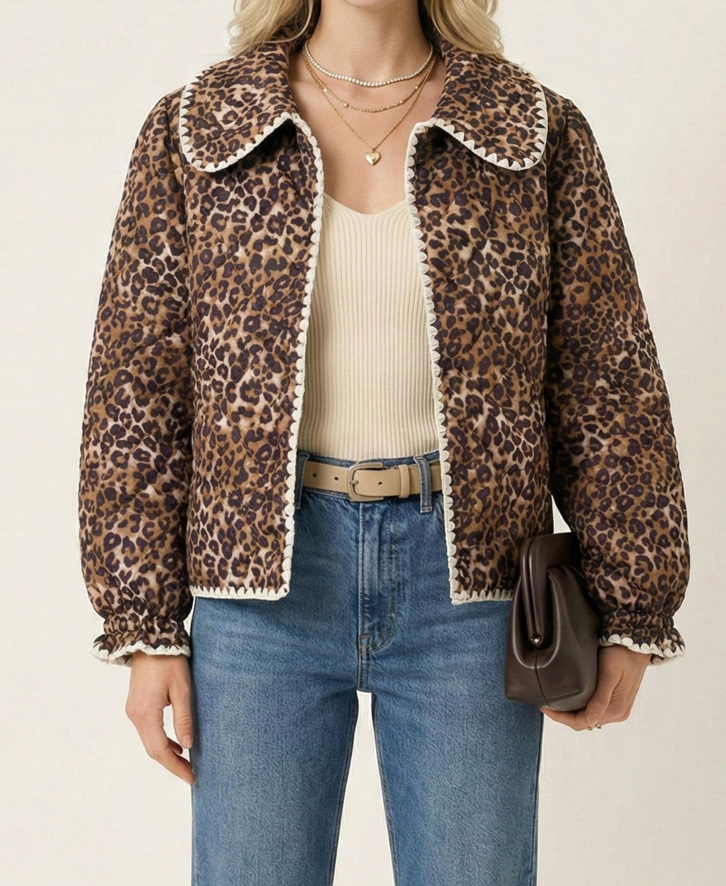 Женская куртка Modenaire Leopard Print Quilted, цвет: Коричневый — фото 1