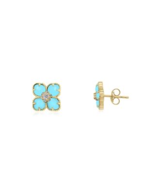 Turquoise CZ Flower Stud Earrings 14K Gold-Plated Sterling Silver