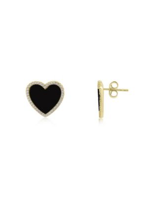 Large Onyx CZ Halo Heart Stud Earrings 14K Gold-Plated Sterling Silver
