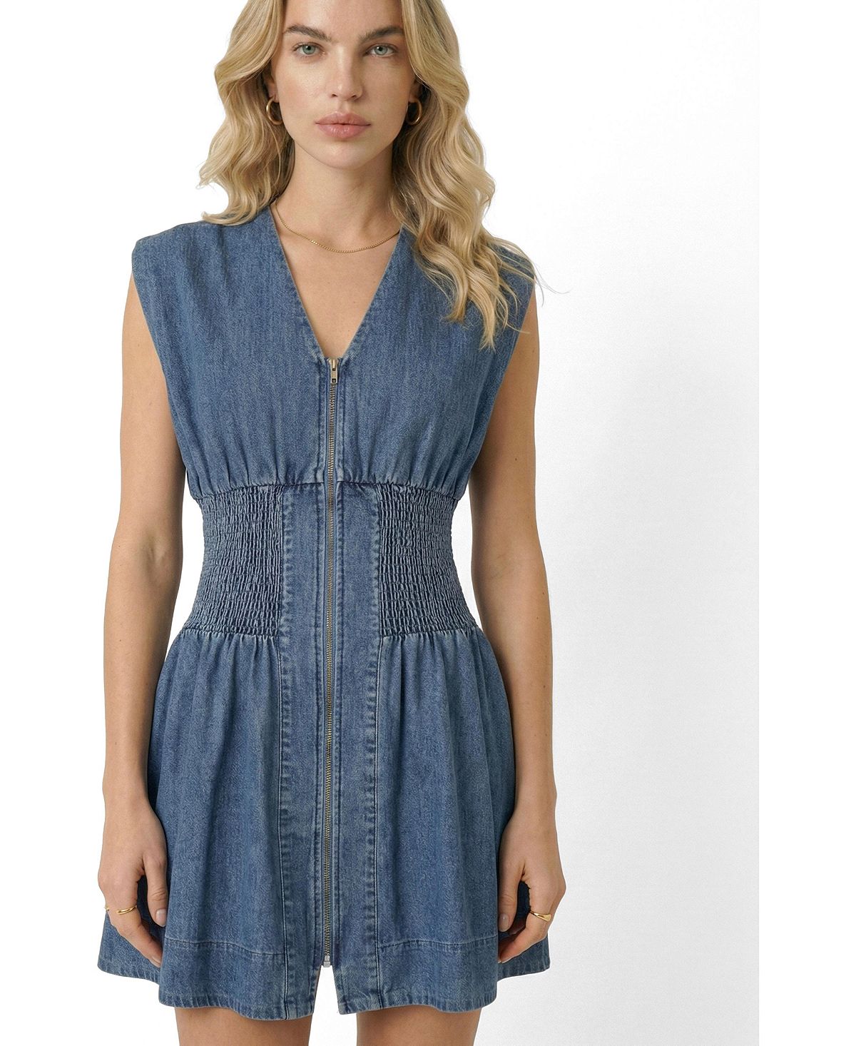 Modenaire Women's Denim Cap-Sleeve Smocked-Waist Mini Dress view 3 — MAYCSS fashion products