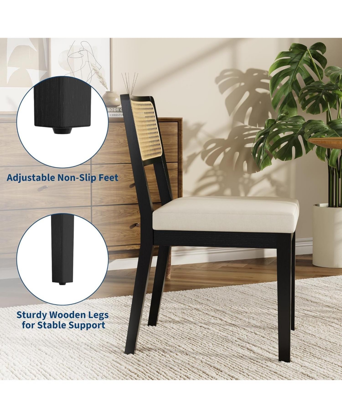 homfan Modern Armless Rattan Dining Chairs, Upholstered Linen Seat, Sturdy Wood Frame, Breathable Backrest - Ideal for Kitchen, Room