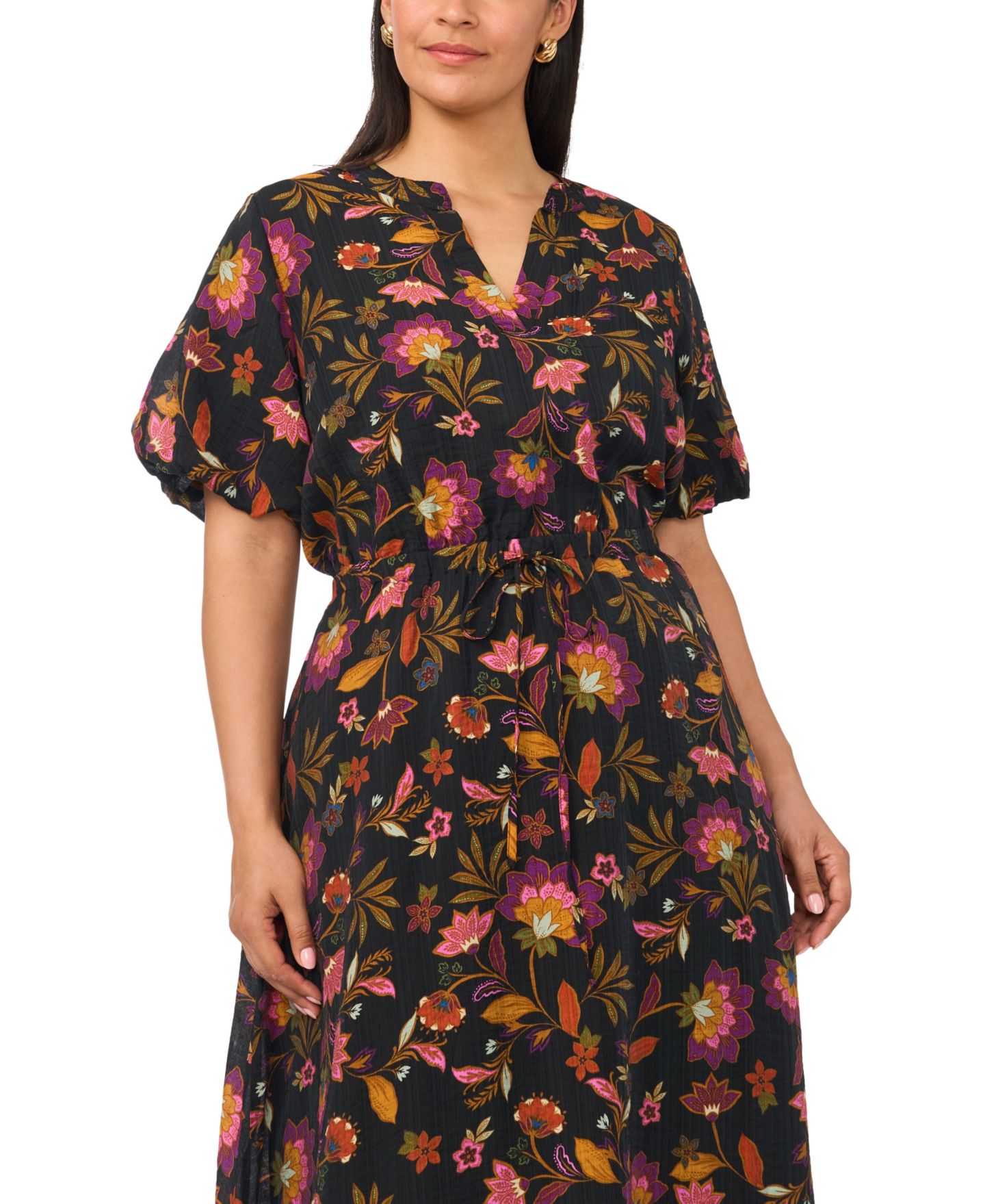 Женское платье Vince Camuto Plus Size V-Neck Puff-Sleeve Self-Tie Waist Maxi, цвет: Насыщенный чёрный — фото 2