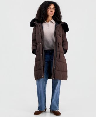 Women's Hooded Drawcord-Waist Puffer Coat