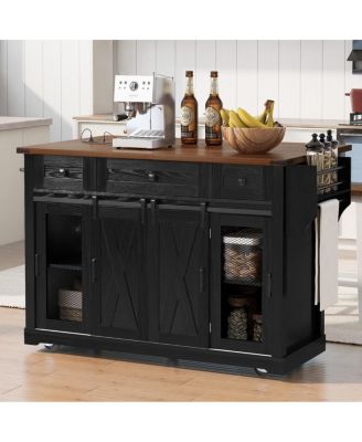 58inch Farmhouse Rolling Kitchen Island with Storage, Drop Leaf and Barn Doors