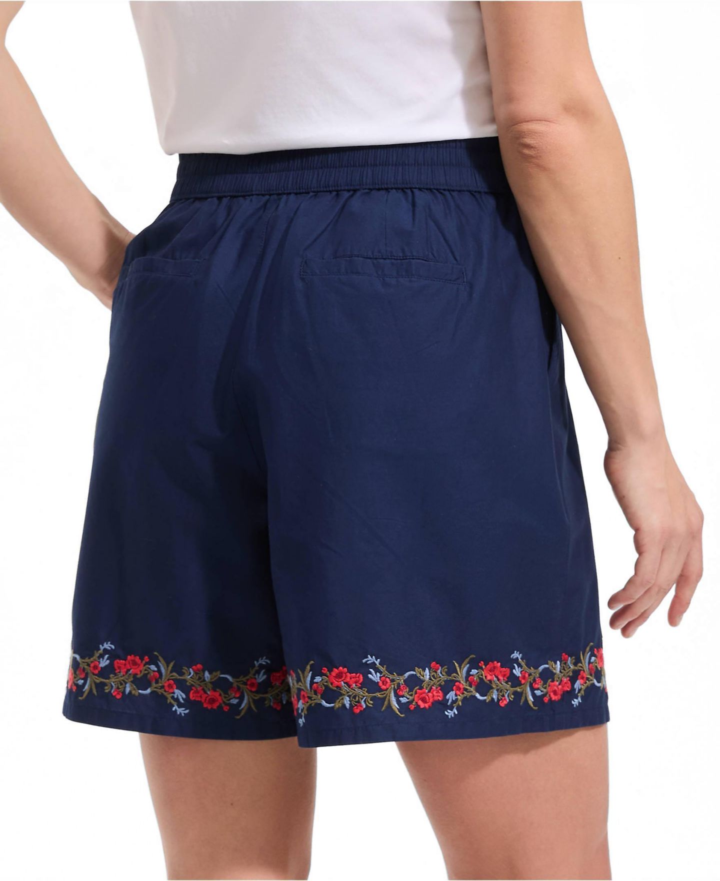 Женские шорты Lands' End Poplin Embroidered High Rise 7" Pull On, цвет: Вишнёвый / Морской тёмно-синий — фото 3