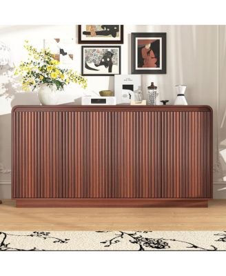 4-Door Fluted TV Stand with Power Outlet and Storage Cabinet