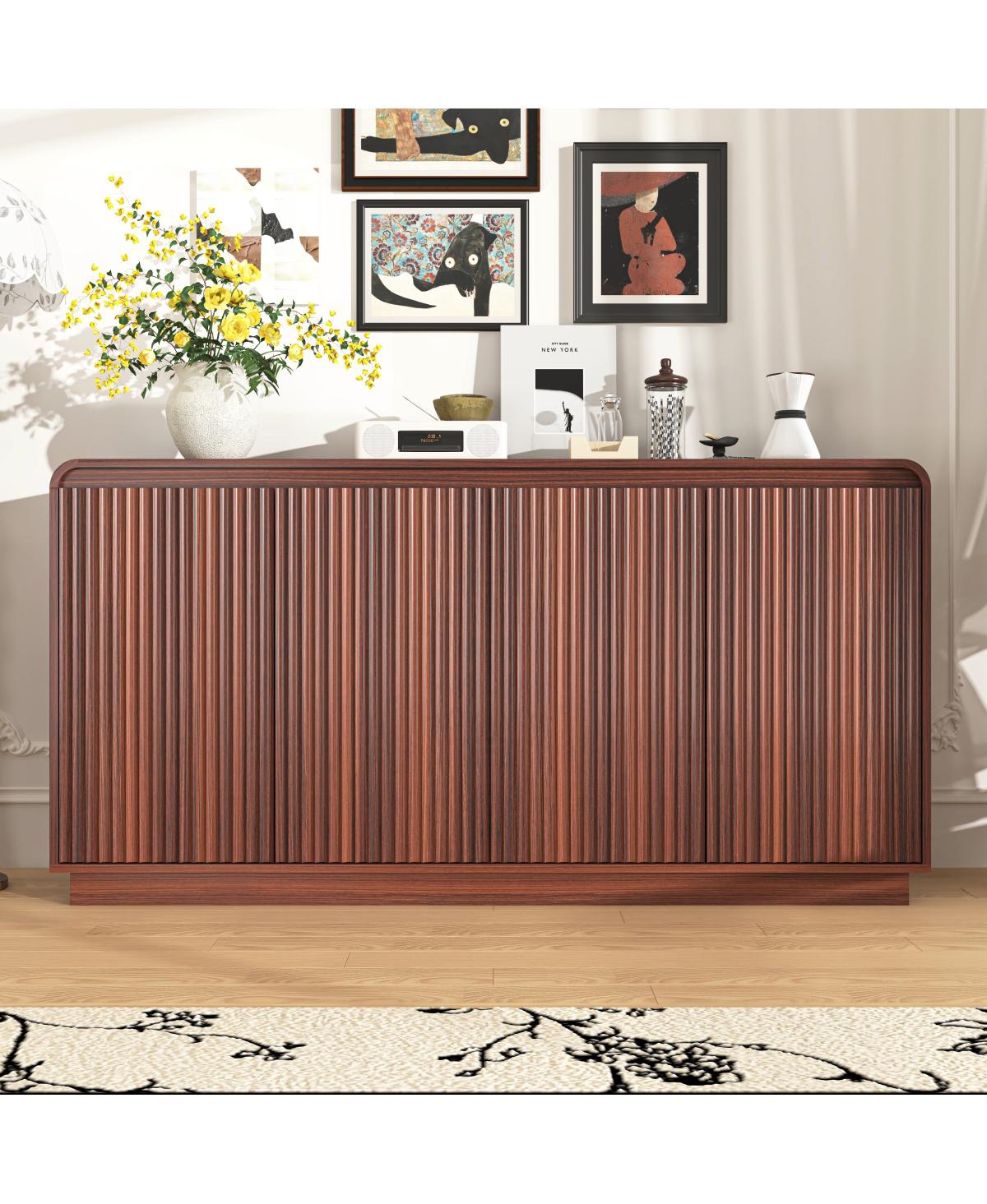 Streamdale Furniture 4-Door Fluted Tv Stand with Power Outlet and Storage Cabinet - Walnut