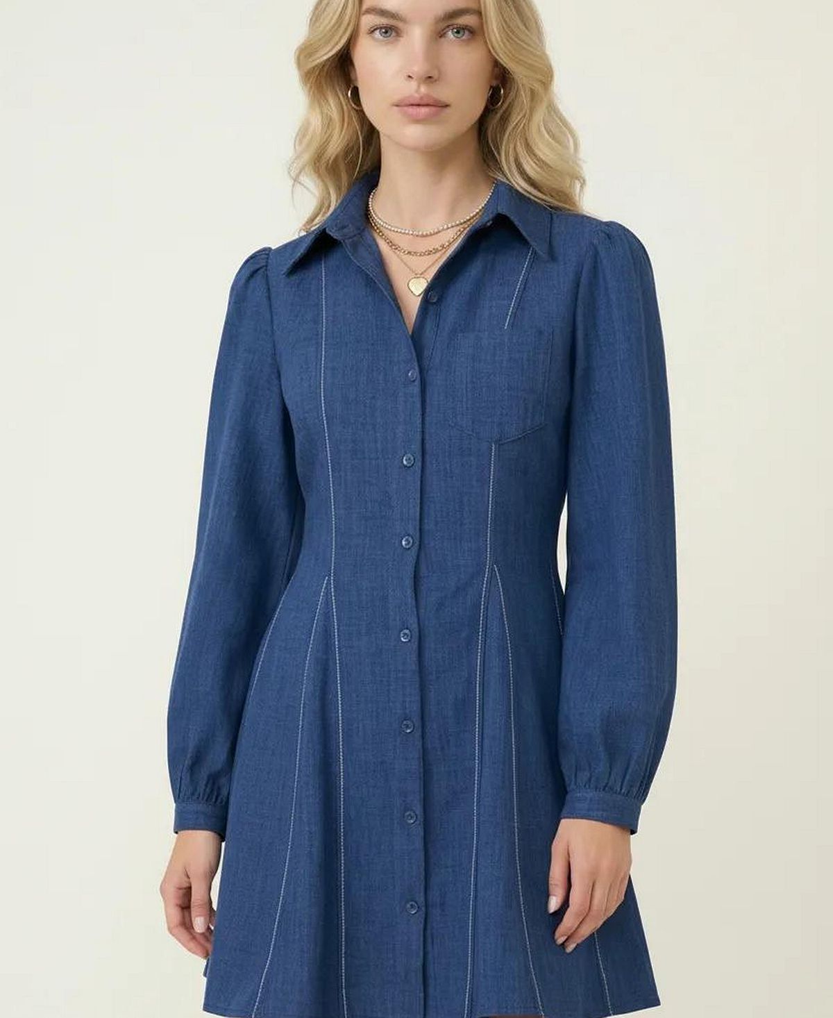 Modenaire Women's Long-Sleeve Denim Contrast-Stitch Shirt Dress view 5 — MAYCSS fashion products