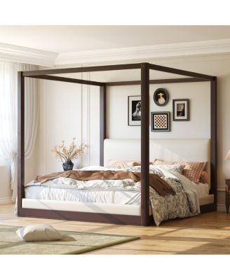 Wood Canopy Platform Bed with Upholstered Headboard