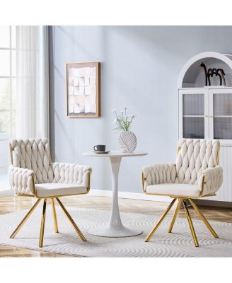 Set of 2 Modern Velvet Braided Dining Chairs with Gold Metal Legs