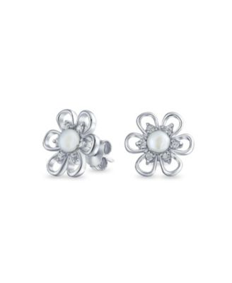 Freshwater Cultured Pearl Daisy Flower Stud Earrings .925 Sterling Silver