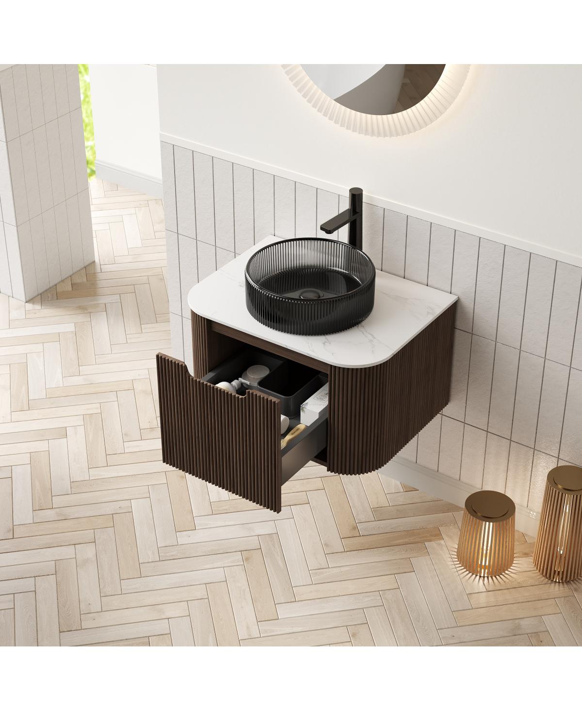 Sillysis Wall Mounted Bathroom Vanity with Crystal Glass Vessel Sink, Wood Grain Cabinet