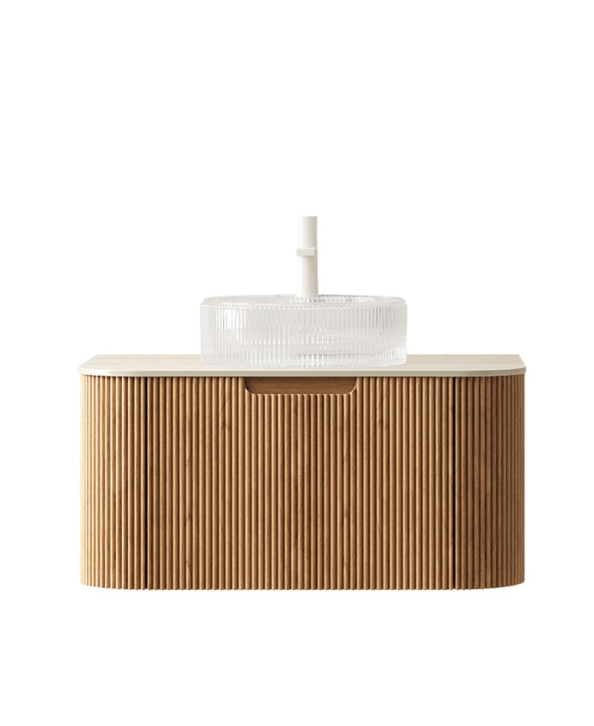 Sillysis Wall Mounted Bathroom Vanity with Crystal Glass Round Sink, Wood Grain Cabinet, Sintered Stone Top