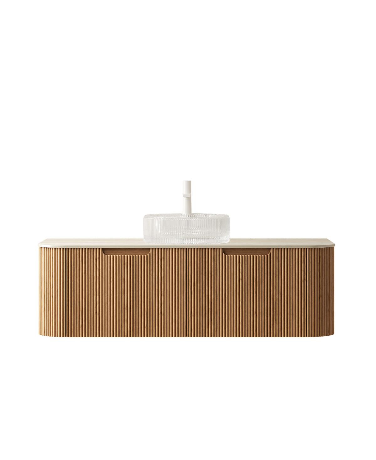 Sillysis Wall Mounted Bathroom Vanity with Crystal Glass Round Sink, Wood Grain Cabinet, Sintered Stone Top