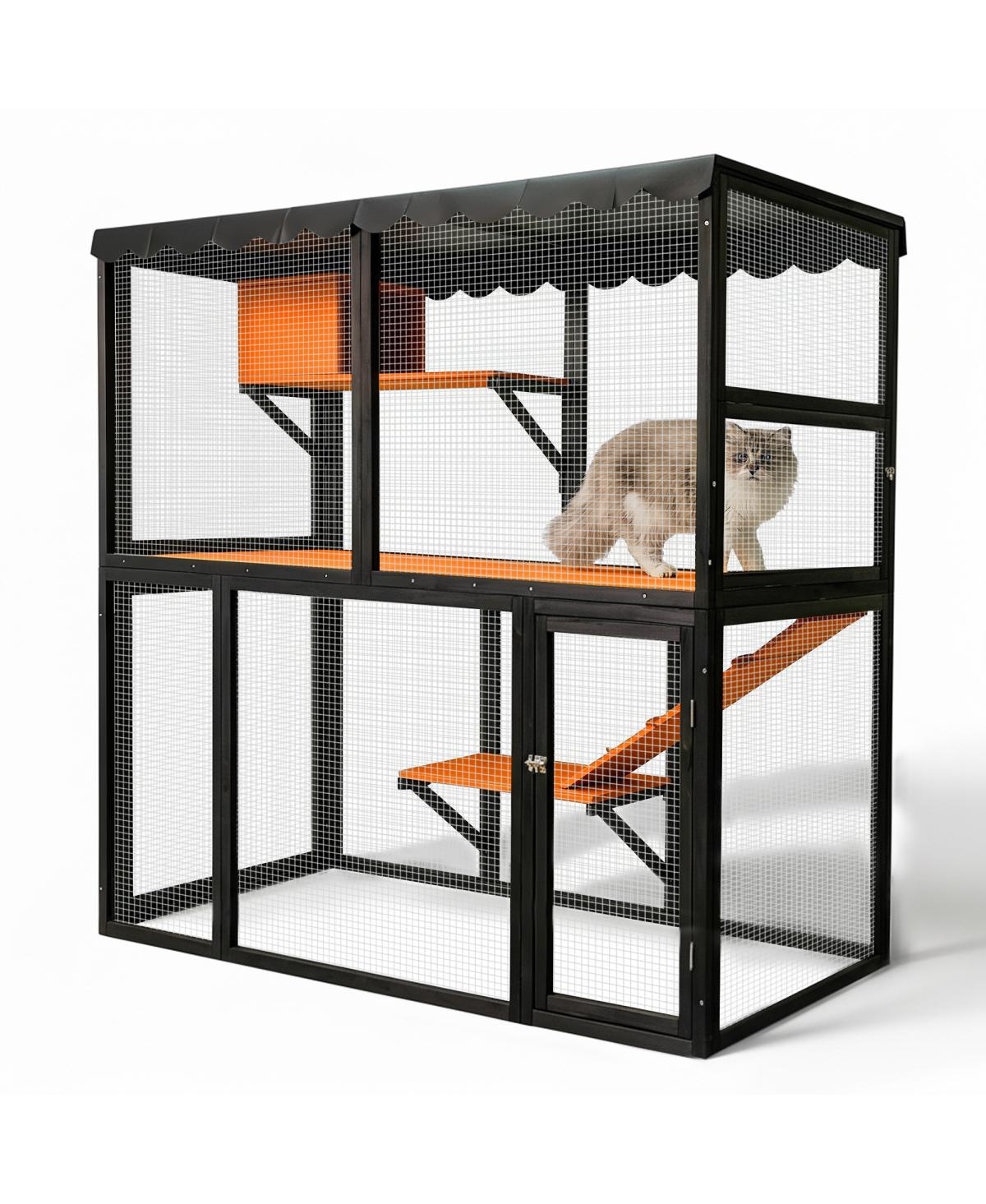 Streamdale Furniture Wooden Outdoor Catio Enclosure with Waterproof Cover and 4-Tier Ramp