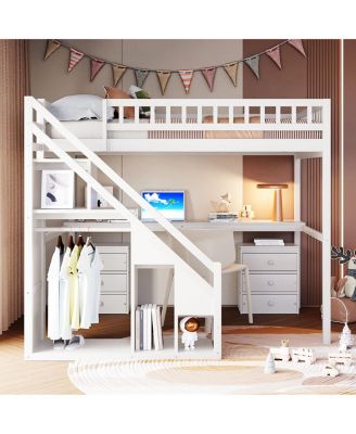 Loft Bed with Two Chest of Drawers, Desk and Light Strip