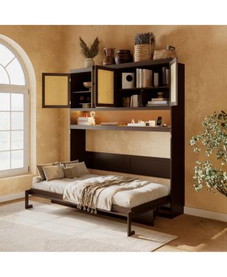 Murphy Bed with Top Cabinet, Foldable Bed with Light and USB