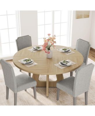 5-Piece Farmhouse Round Dining Table Set, Includes 4 Upholstered Chairs in Faux Linen, Rustic MDF Table, Space-Saving Kitchen Set for 4-6