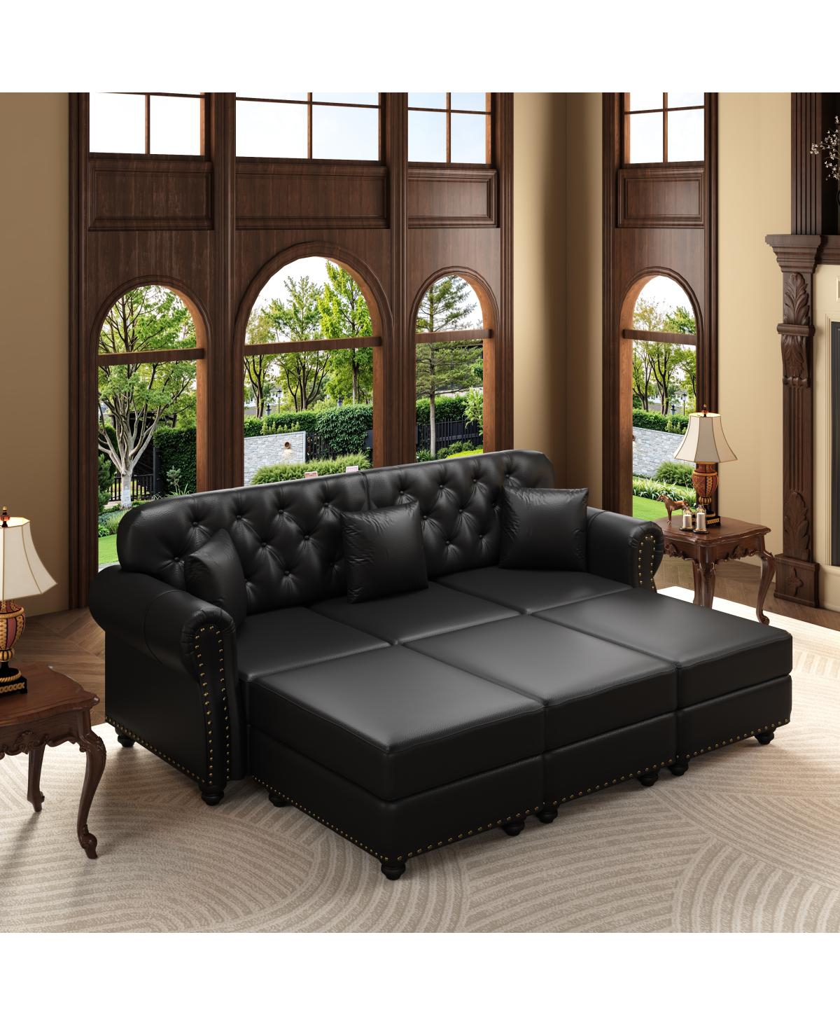 Streamdale Furniture 82.6" Faux Leather Chesterfield Sofa with Nailhead Trim and 3 Pillows