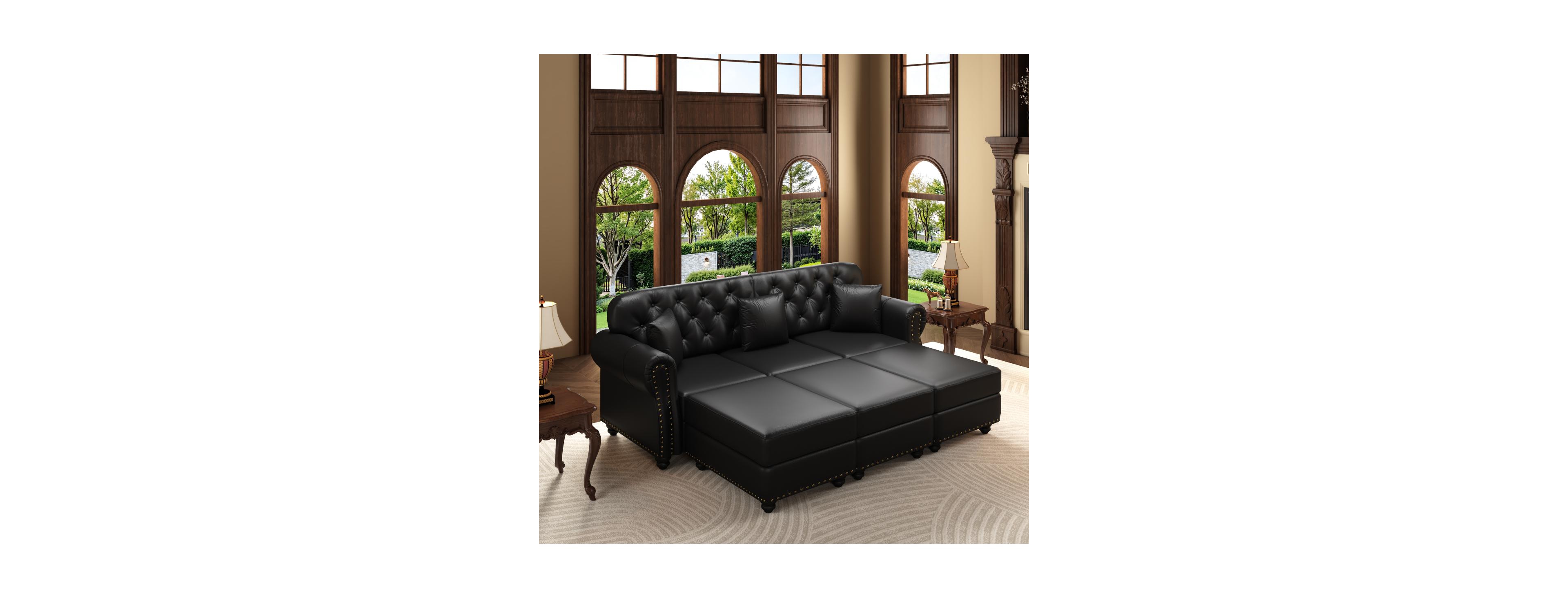 Streamdale Furniture 82.6" Faux Leather Chesterfield Sofa with Nailhead Trim and 3 Pillows