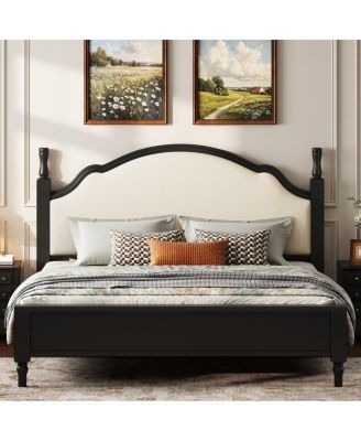 King Size Wood Platform Bed with Upholstered Headboard, Frame plus Fabric