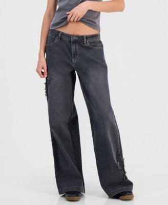 Juniors' Star Patch High Rise Wide Leg Jeans