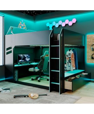 Full Size Wood Loft Bed with Desk, Storage, and Lights