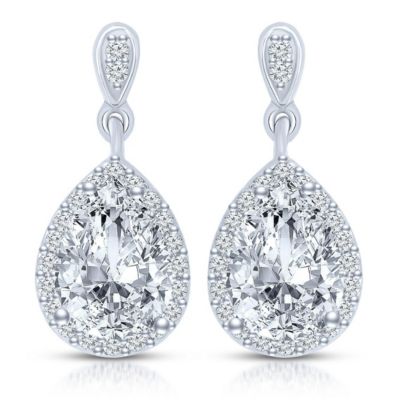 White Gold Plated Cubic Zirconia Halo Teardrop Earrings