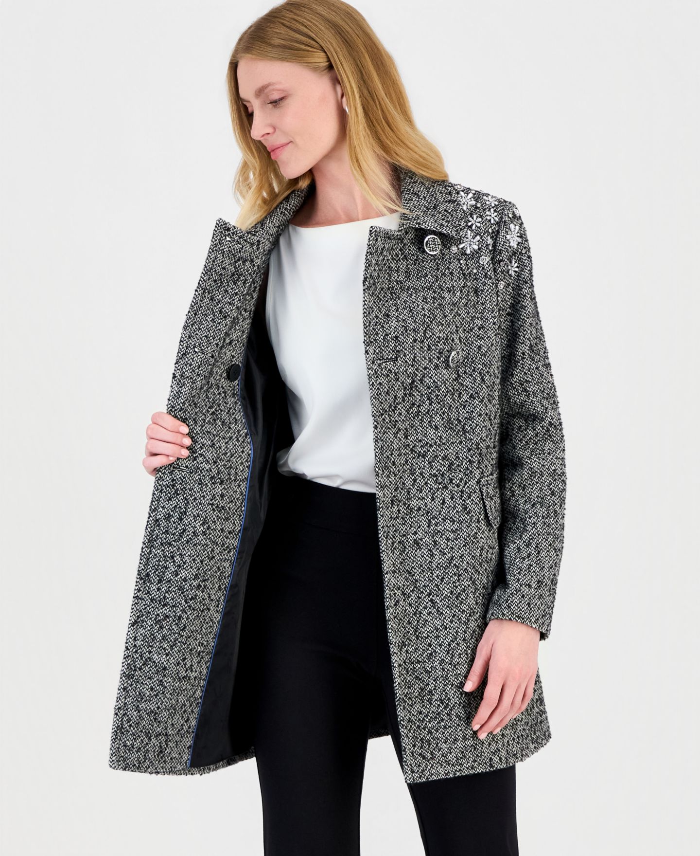 Женское пальто CeCe Floral Beaded Double-Breasted Coat, цвет: Чёрный / Белый — фото 3
