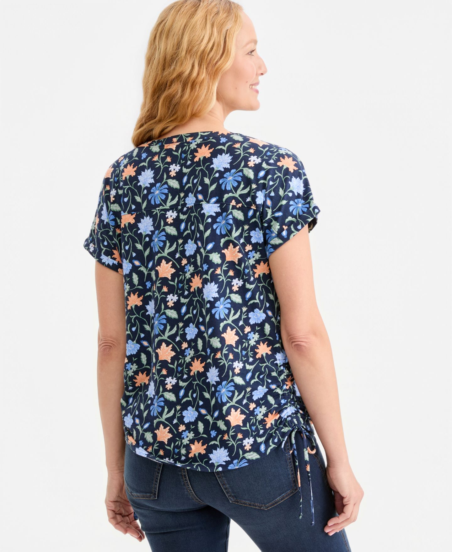 Женская футболка Style & Co Petite Ruched Tie-Side Floral, цвет: Синий — фото 3