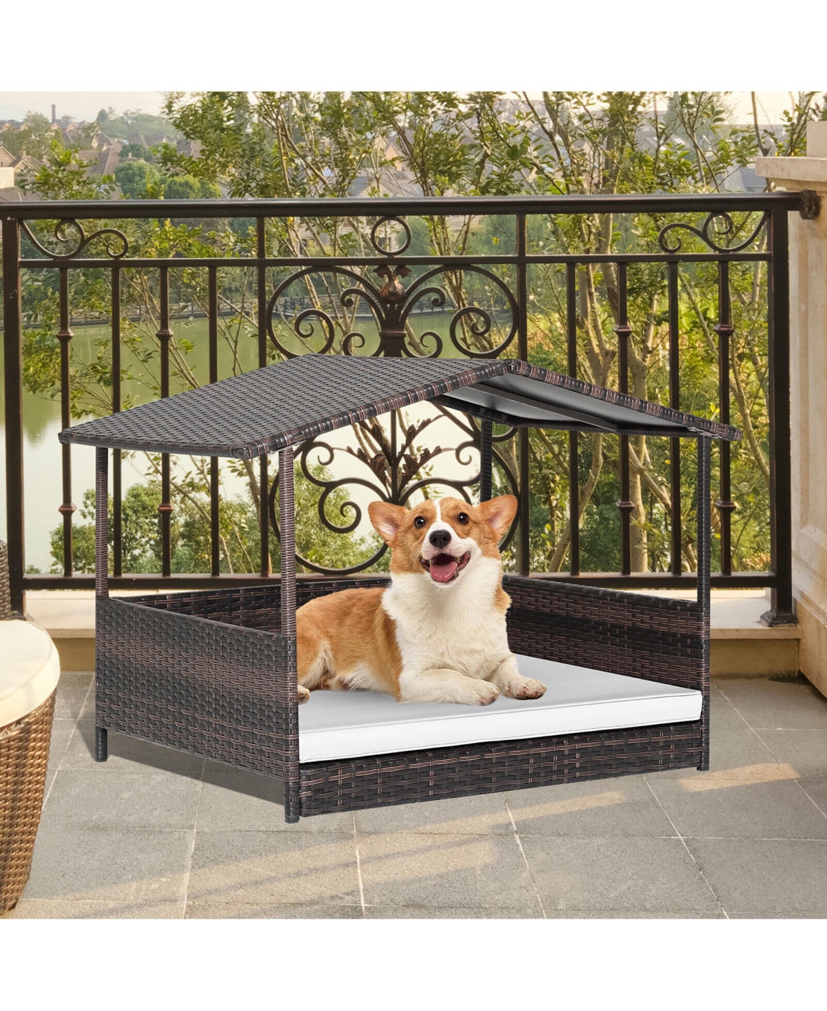 Gymax Wicker Dog House w/ Cushion Lounge Raised Rattan Bed for Indoor/Outdoor