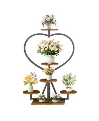 Heart Shaped 8-Pot Plant Stand, Sturdy Metal Wood Indoor Display Rack