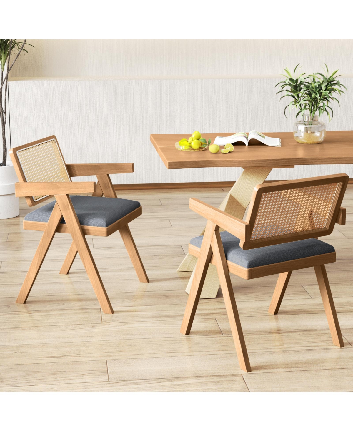 Slickblue Rattan Accent Chairs Set of 2 with Padded Seat and Solid Rubber Wood Frame