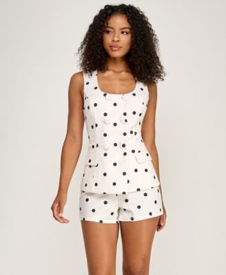 Juniors' Polka Dot Tailored Button-Front Romper