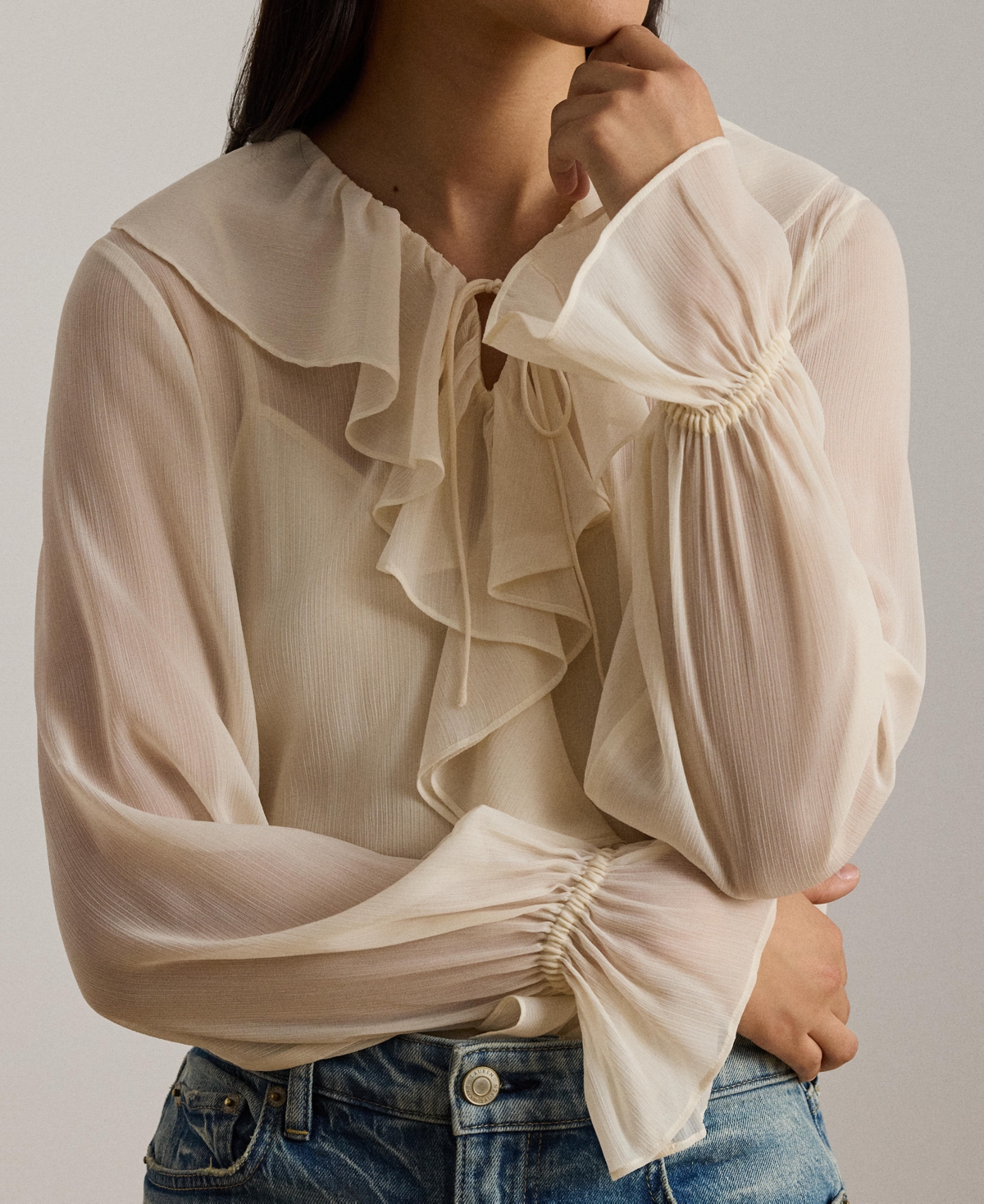 Lauren Ralph Women's Ruffle-Trim V-Neck Blouse