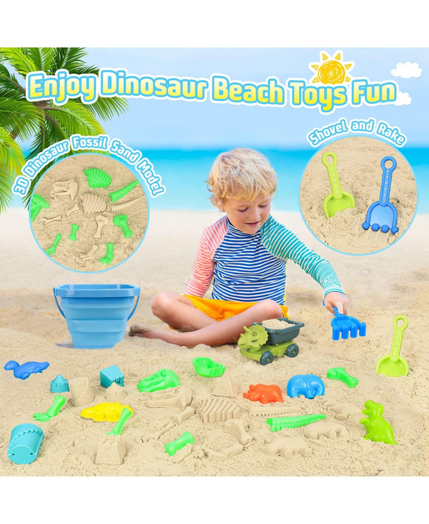 Детские игрушки GNUADZ 25-Piece Dinosaur Beach Sand Toys Set with Collapsible Bucket and Dump Truck, Ages 5-7, цвет: Зелёный — фото 4
