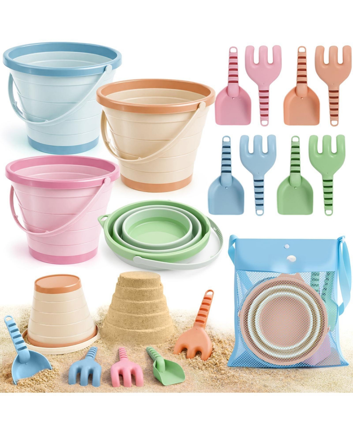Gnuadz Beach Sand Buckets Shovels Rakes Mesh Bag Sandcastle Kit