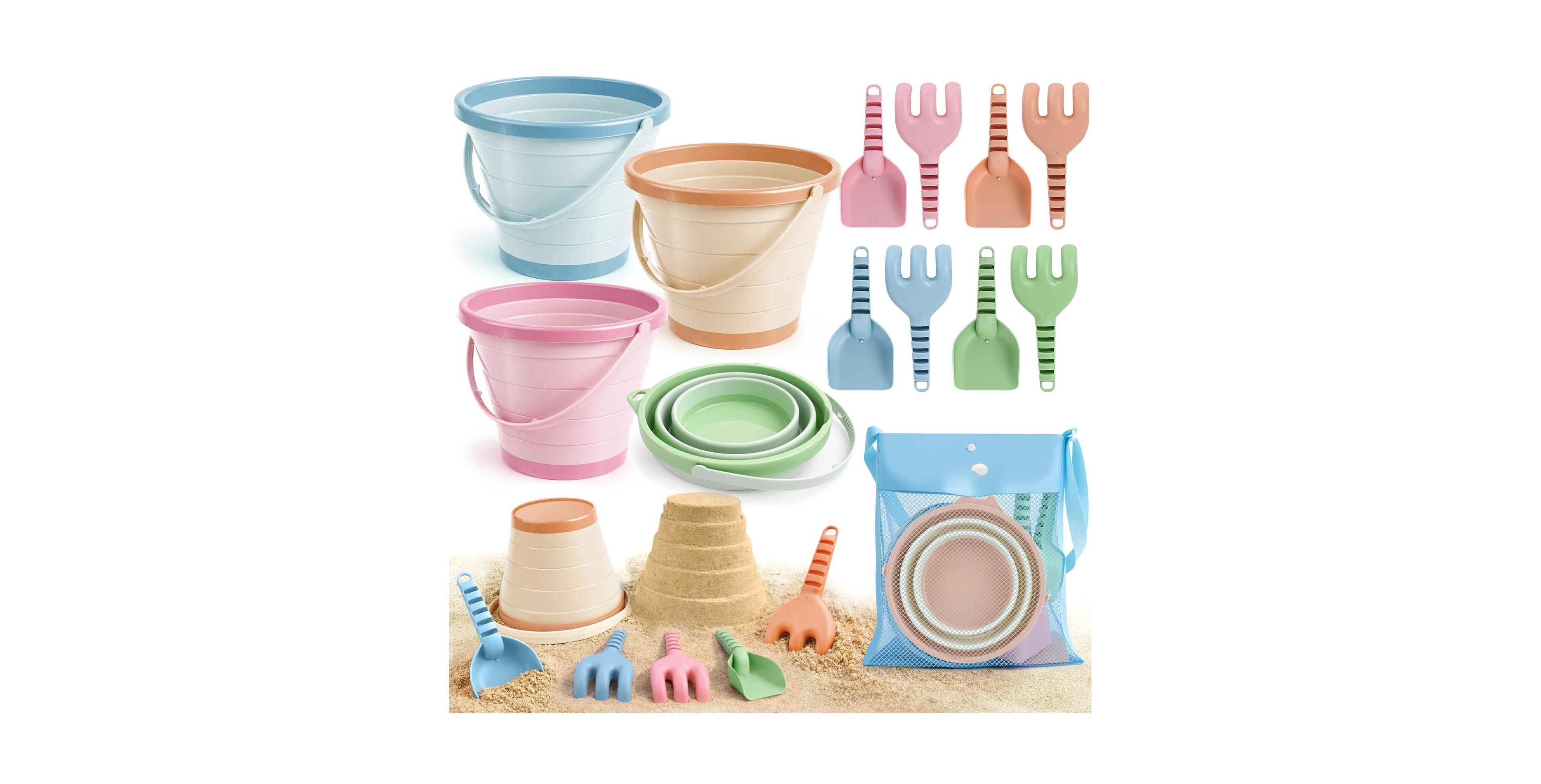 Gnuadz Sandcastle Kit Collapsible Bucket Set with Shovels, Rakes & Mesh Bag, 2.5L, Ages 3+