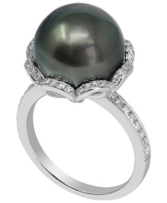 Cultured Tahitian Pearl (11mm) & Diamond (1/4 ct. t.w.) Ring in 925 Sterling Silver