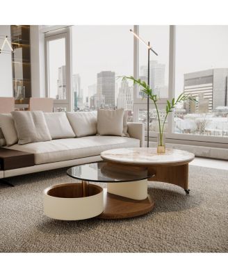 Round Coffee Table Set with Storage, Rotating Wheels, Wooden Base