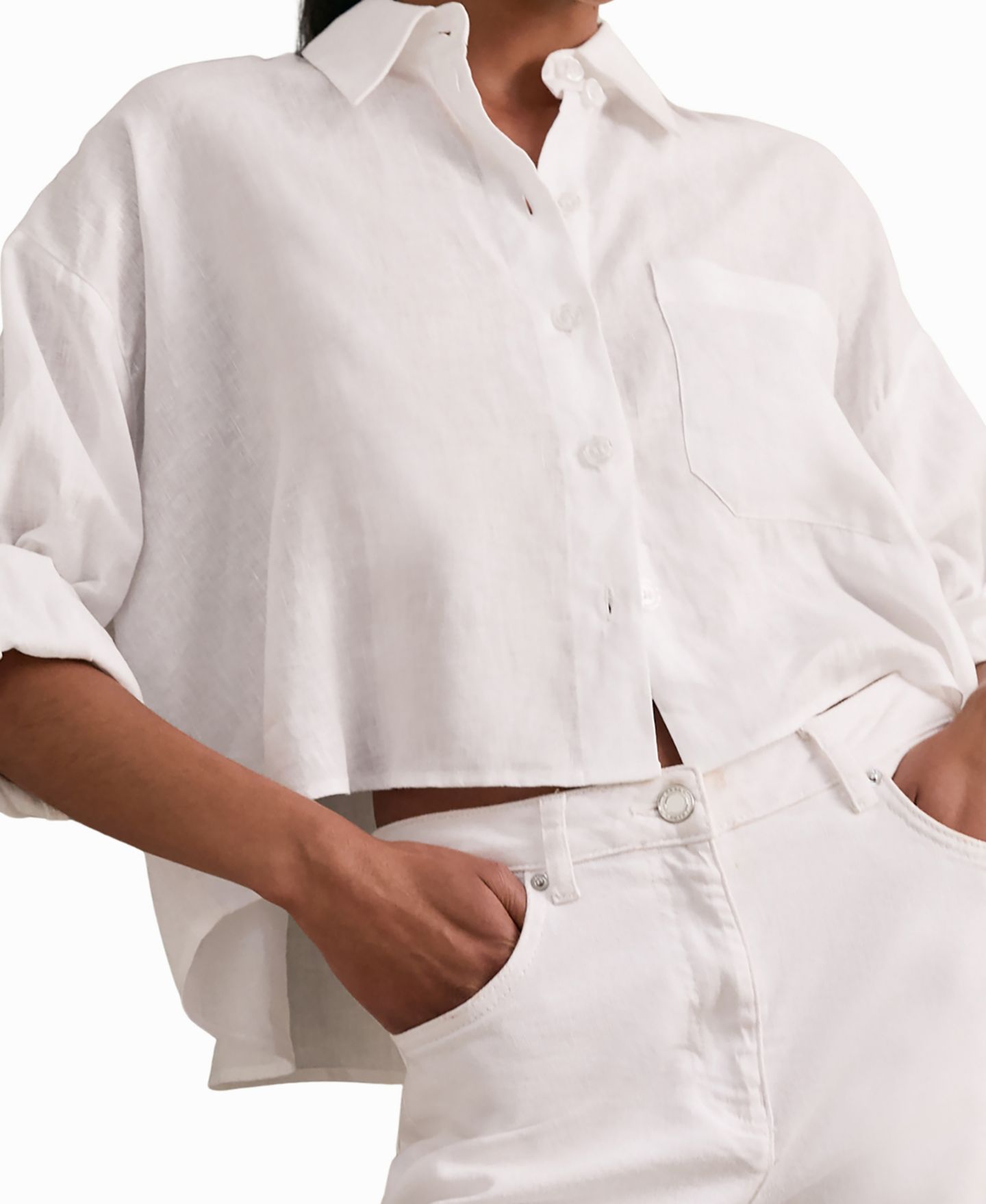 Женская рубашка REISS Linen Oversize Cropped, цвет: Белый — фото 6