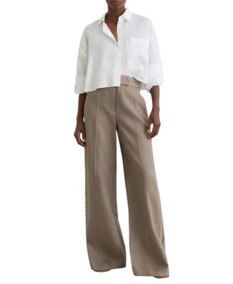 Women's Linen Wave-Trim Wide-Leg Pants