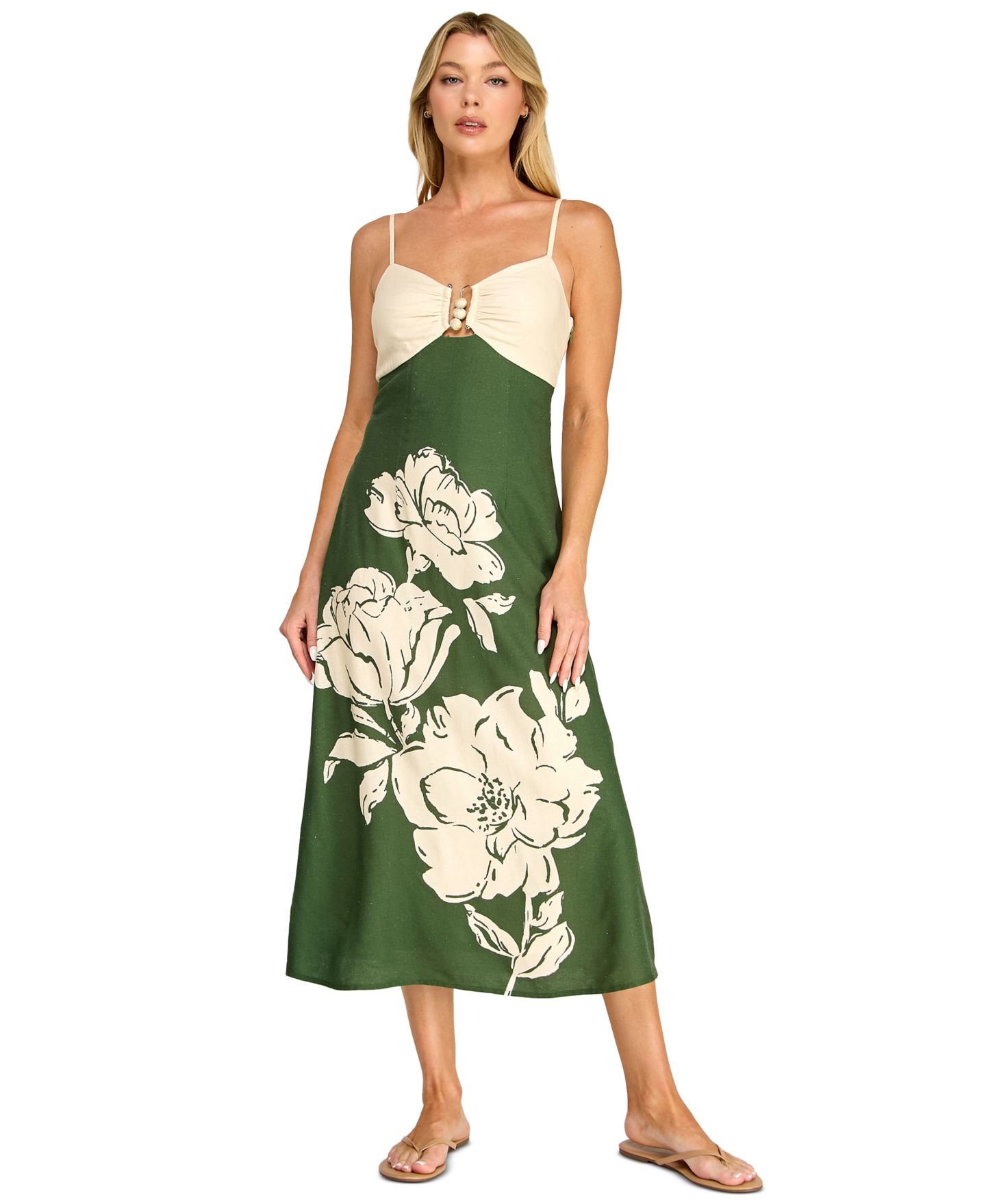 Женское платье Trixxi Juniors' Sleeveless Fit & Flare Midi Dress with Floral Placement Print, цвет: Оливковый — фото 7