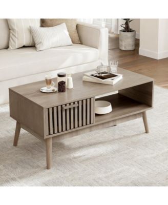 39.4 Inch Mid Century Modern Coffee Table with Storage Drawer and Open Shelf,  Fluted Rectangular Table, Wooden Legs, Space-Saving Living Room