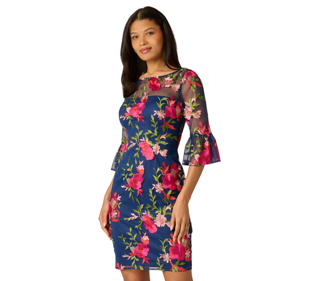 Adrianna Papell Petite Embroidered Boat-Neck Short Dress