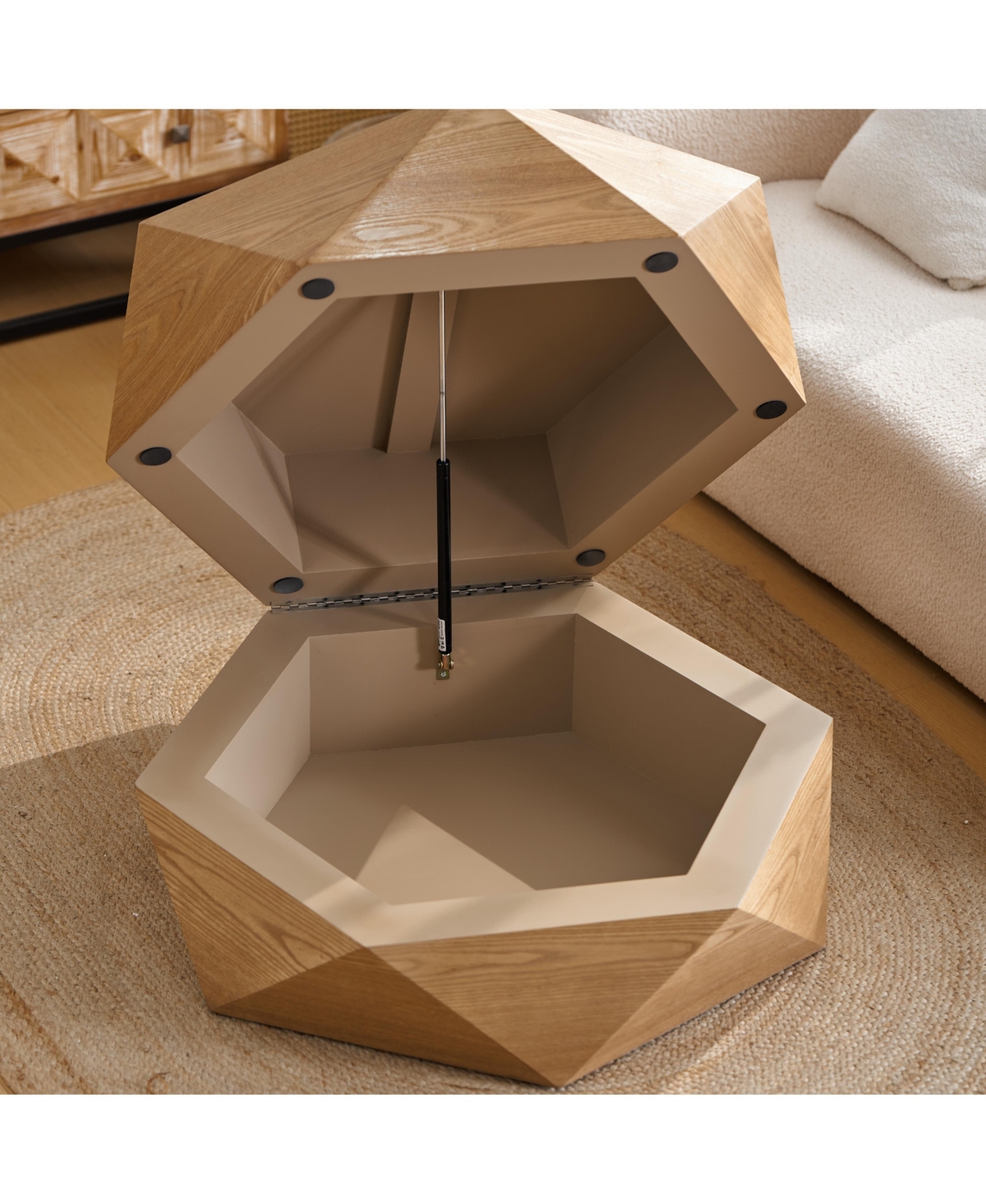 Clihome 36.61'' Retro Style Polygon Flip Top Coffee Table,Solid Wood Veneered Drum Coffee Table with Storage for Living Room, Bedroom and Office