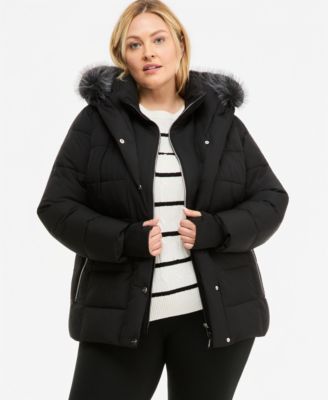 Plus Size Bibbed Faux-Fur Hooded Utility Puffer Coat
