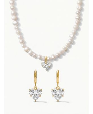 2-Piece Freshwater Pearl Necklace & Heart Crystal Drop Earrings Set